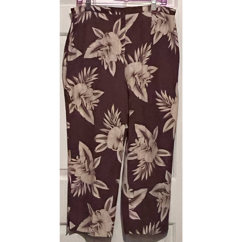 Sag Harbor Women's 100% Silk Brown Cream Floral Capris Size 18 23 1/2" Inseam‎